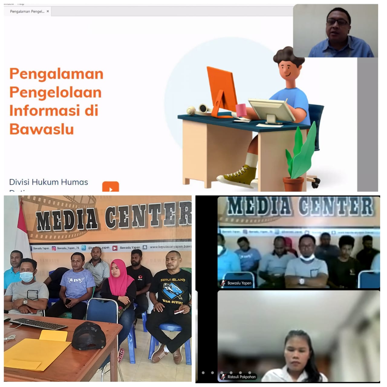 Via Daring TA Humas Bawaslu RI, Sulistio, dan Ketua KIP Papua Wilhelmus Pigai Sampaikan Materi Bimtek Bagi PPID Bawaslu Se Papua.
